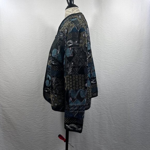 Vintage Tapestry Blue Black  Mandarin collar Full Zip jacket Abstract 2X - Picture 4 of 9